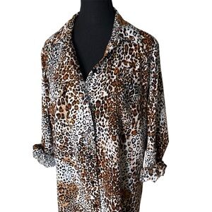 NY COLLECTION Leopard Cheetah Print Button Down Shirt Dress Duster Size XL